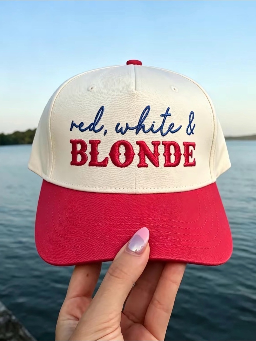 RED, WHITE, & BLONDE EMBROIDERED TRUCKER/BASEBALL HAT - RED BRIM